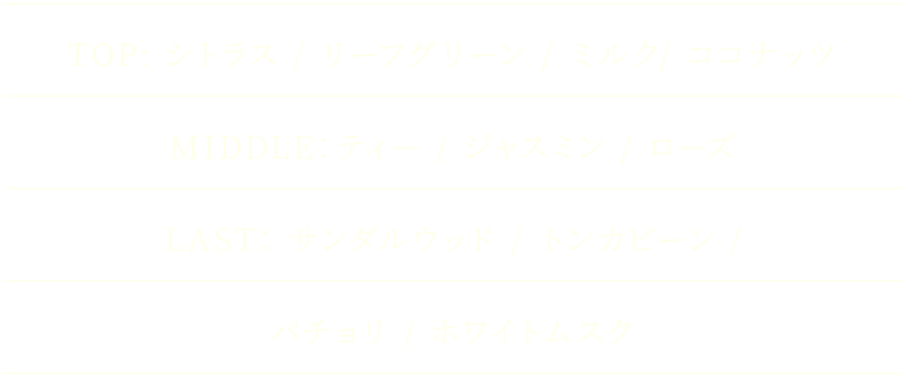 TOP：シトラス / リーフグリーン / ミルク / ココナッツ　MIDDLE：ティー / ジャスミン / ローズ　LAST：サンダルウッド / トンカビーン / パチョリ / ホワイトムスク